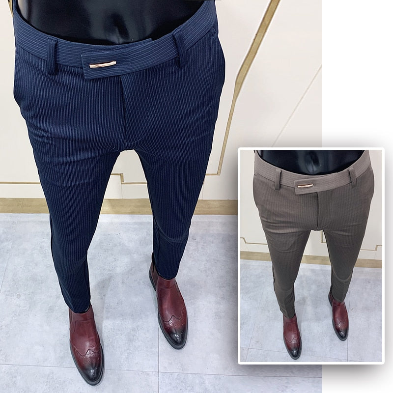 Chic Striped Navy Blue Pants Men Elegant Slim Fit Tight-ankle Suit Trousers Pants For Men Office Party Trousers Mens Dress Pants