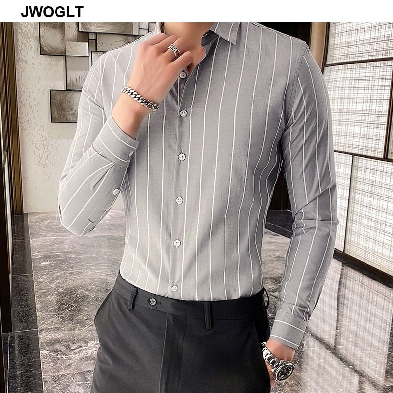 Korea Style Handsome Fashion Mens Shirts Button Down Slim Fit Long Sleeve Striped Shirts Asain Size