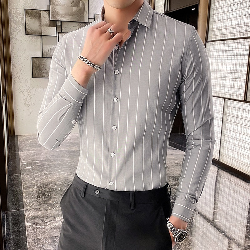 Korea Style Handsome Fashion Mens Shirts Button Down Slim Fit Long Sleeve Striped Shirts Asain Size