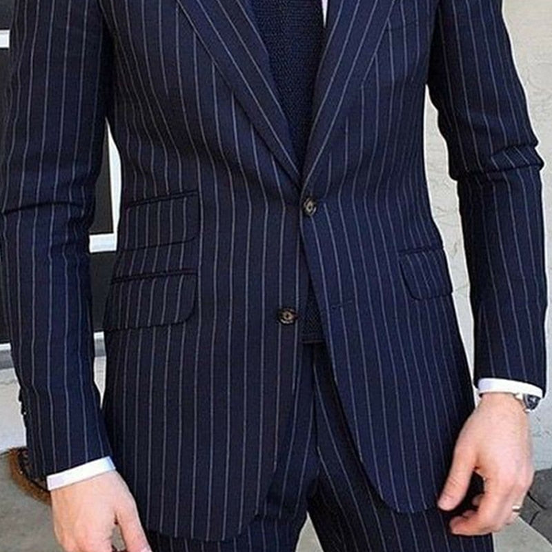 Pinstripe Slim Fit Men Suits for Formal Wedding Tuxedo Notched Lapel 2 Piece Navy Blue Striped Business Groom Male Fashion