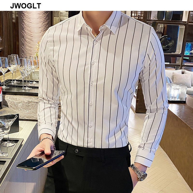 Korea Style Handsome Fashion Mens Shirts Button Down Slim Fit Long Sleeve Striped Shirts Asain Size