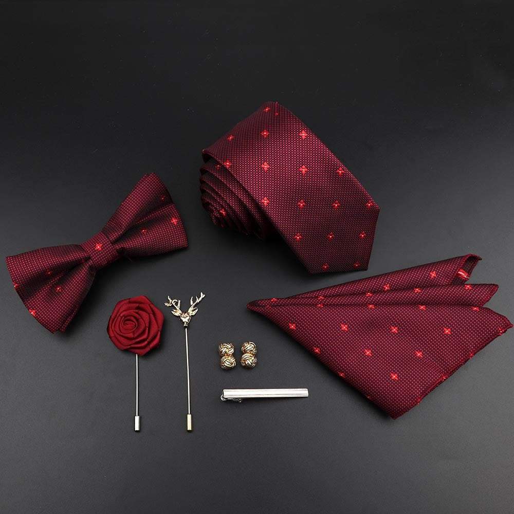 New Solid Color Silk Men Tie Set Polyester Jacquard Woven Necktie Bowtie Suit Vintage Red Blue For Groom Business Wedding Party