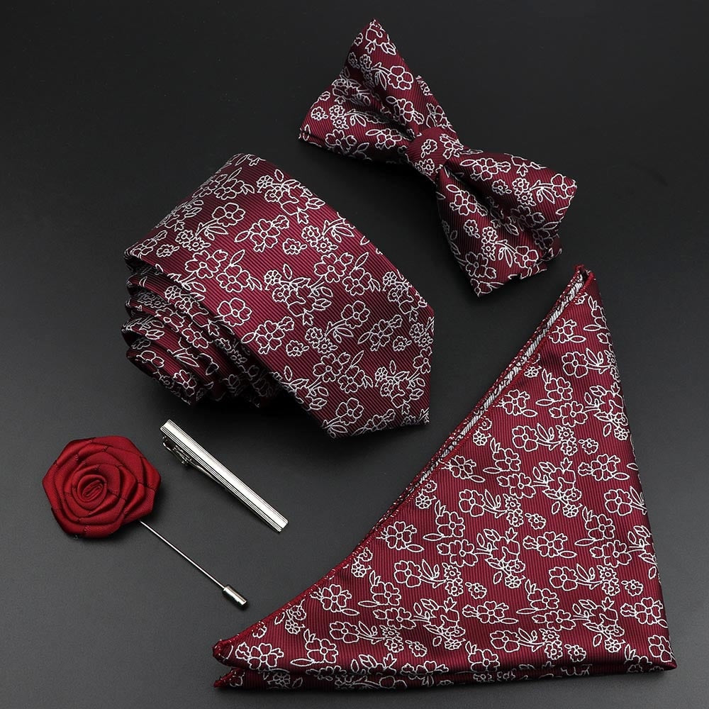 New Solid Color Silk Men Tie Set Polyester Jacquard Woven Necktie Bowtie Suit Vintage Red Blue For Groom Business Wedding Party