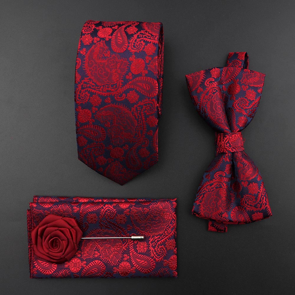 New Solid Color Silk Men Tie Set Polyester Jacquard Woven Necktie Bowtie Suit Vintage Red Blue For Groom Business Wedding Party