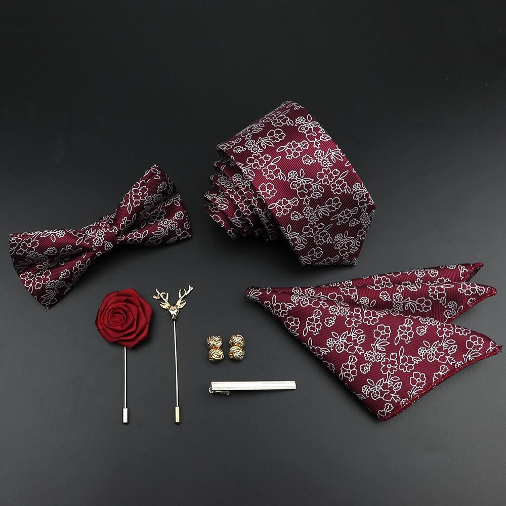 New Solid Color Silk Men Tie Set Polyester Jacquard Woven Necktie Bowtie Suit Vintage Red Blue For Groom Business Wedding Party