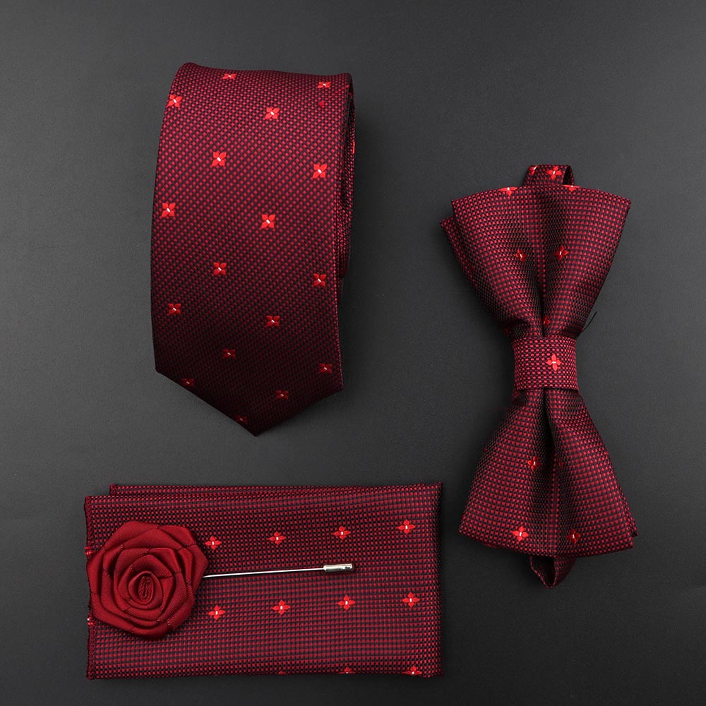 New Solid Color Silk Men Tie Set Polyester Jacquard Woven Necktie Bowtie Suit Vintage Red Blue For Groom Business Wedding Party