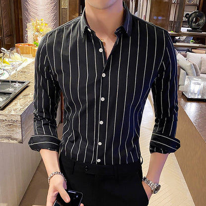 Korea Style Handsome Fashion Mens Shirts Button Down Slim Fit Long Sleeve Striped Shirts Asain Size