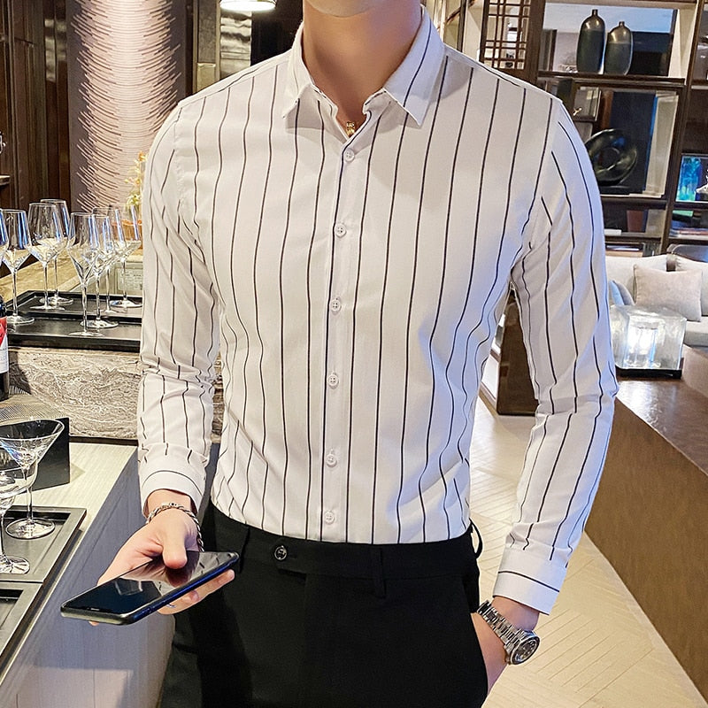 Korea Style Handsome Fashion Mens Shirts Button Down Slim Fit Long Sleeve Striped Shirts Asain Size