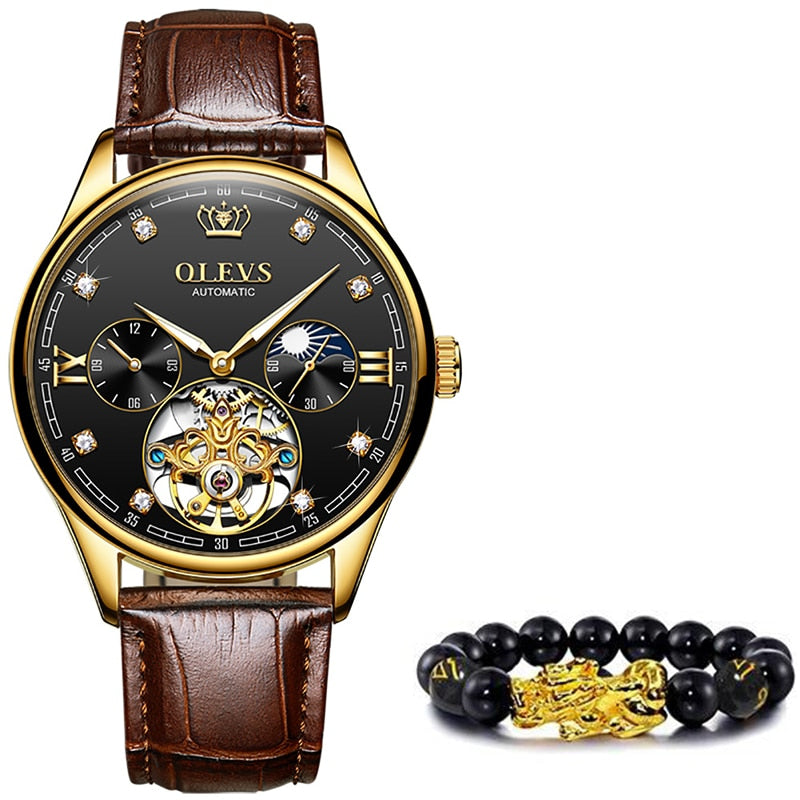 OLEVS  Classic Mens Mechanical Watches Automatic Watch Tourbillon Clock Genuine Leather Waterproof Military Wristwatch