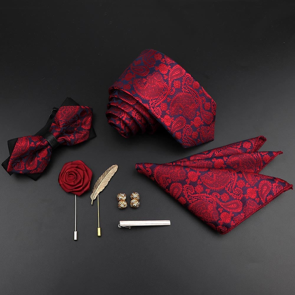 New Solid Color Silk Men Tie Set Polyester Jacquard Woven Necktie Bowtie Suit Vintage Red Blue For Groom Business Wedding Party