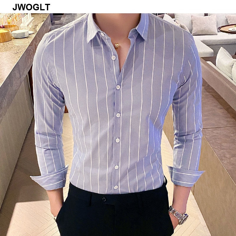 Korea Style Handsome Fashion Mens Shirts Button Down Slim Fit Long Sleeve Striped Shirts Asain Size