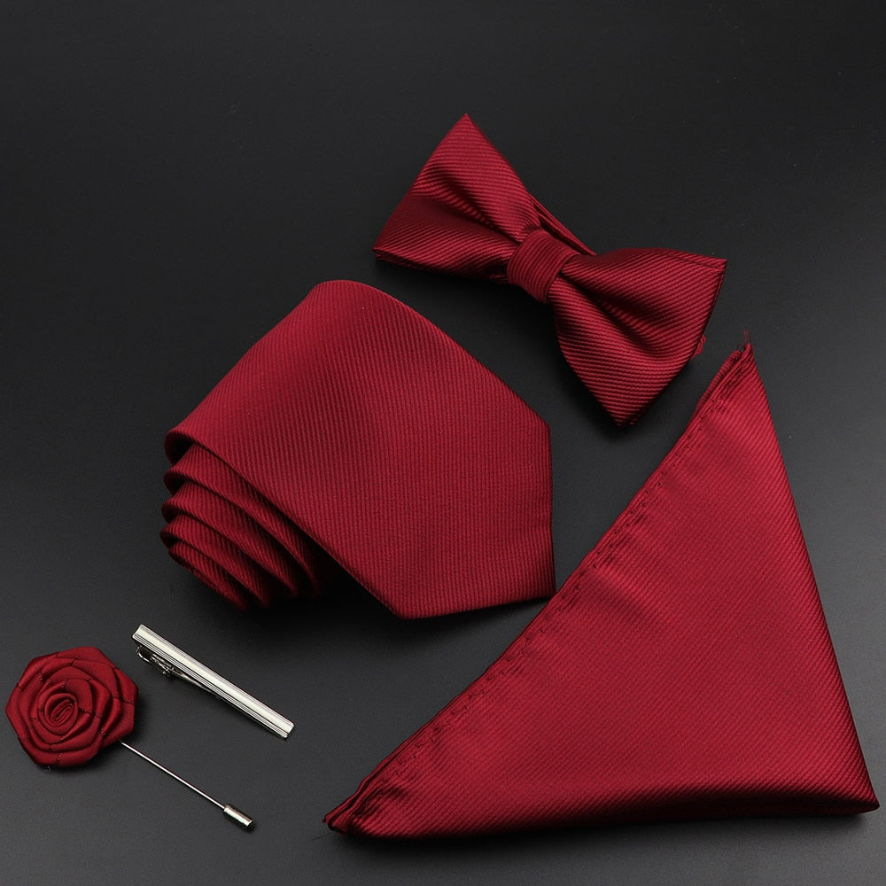 New Solid Color Silk Men Tie Set Polyester Jacquard Woven Necktie Bowtie Suit Vintage Red Blue For Groom Business Wedding Party