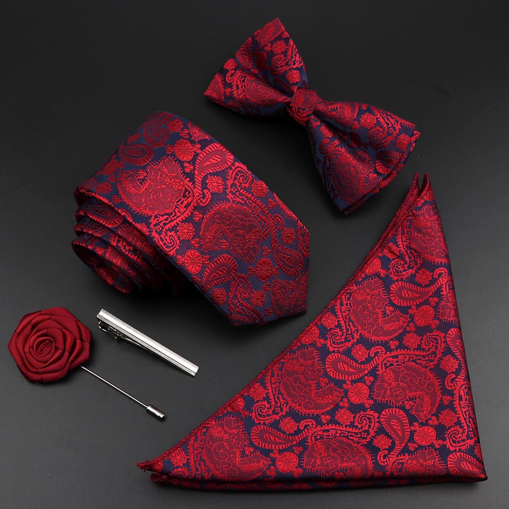 New Solid Color Silk Men Tie Set Polyester Jacquard Woven Necktie Bowtie Suit Vintage Red Blue For Groom Business Wedding Party