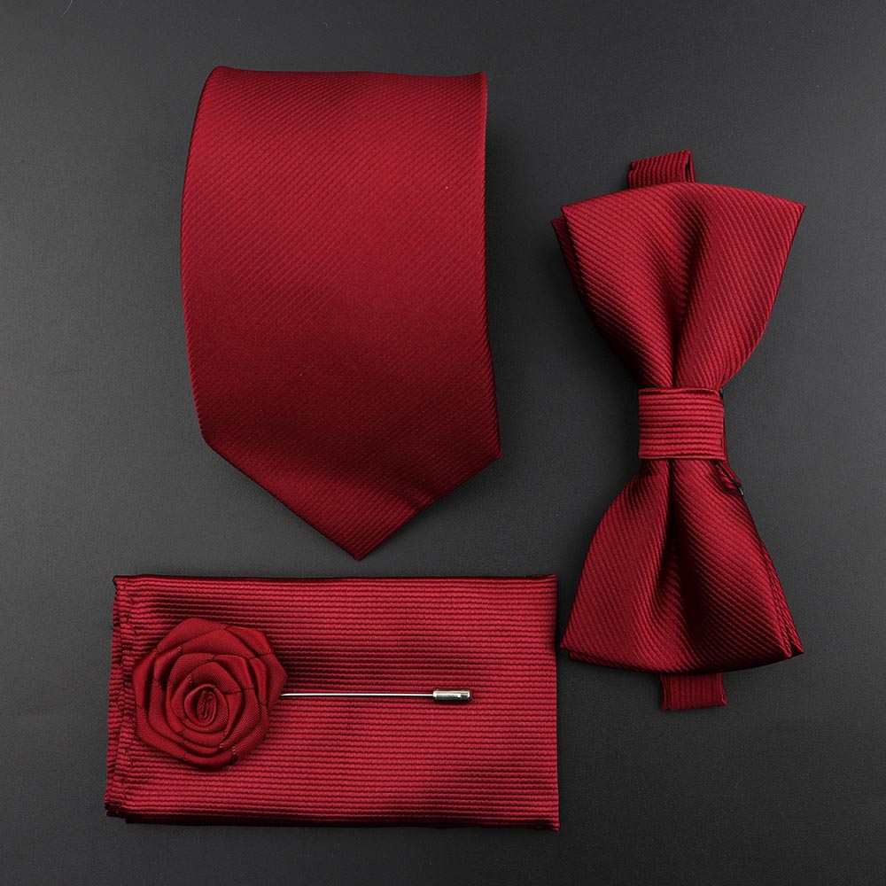 New Solid Color Silk Men Tie Set Polyester Jacquard Woven Necktie Bowtie Suit Vintage Red Blue For Groom Business Wedding Party