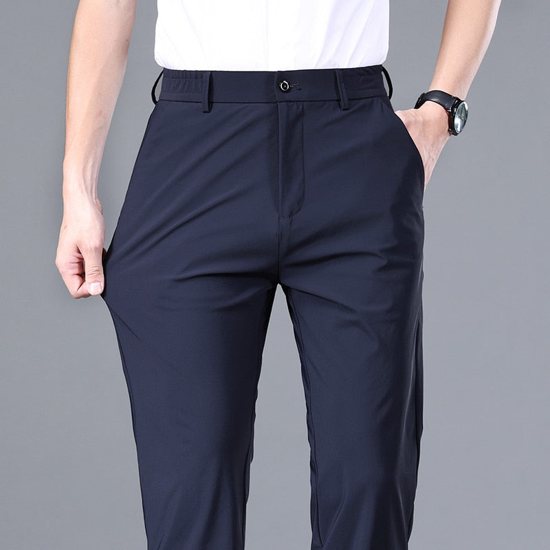 Summer Good Stretch Smooth Trousers Men Business Elastic Waist Korean Classic Thin Black Gray Blue Brand Casual Suit Pants Male