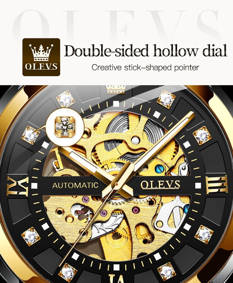 OLEVS Watch for Men Skeleton Luxury Waterproof Luminous Stainless Steel Automatic Mechanical Watch Male Wrist Watch reloj hombre