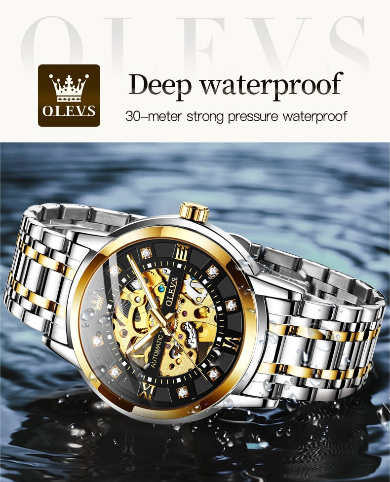 OLEVS Watch for Men Skeleton Luxury Waterproof Luminous Stainless Steel Automatic Mechanical Watch Male Wrist Watch reloj hombre