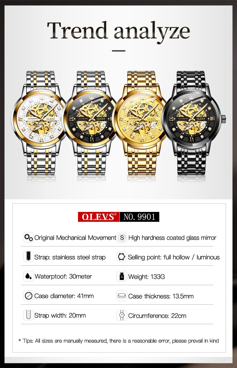 OLEVS Watch for Men Skeleton Luxury Waterproof Luminous Stainless Steel Automatic Mechanical Watch Male Wrist Watch reloj hombre