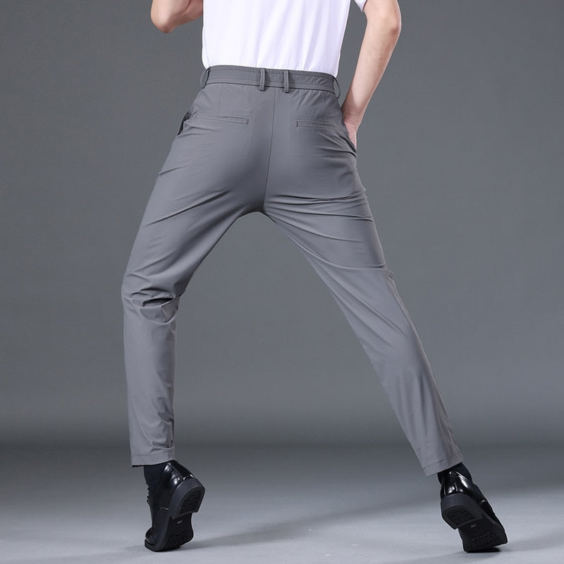 Summer Good Stretch Smooth Trousers Men Business Elastic Waist Korean Classic Thin Black Gray Blue Brand Casual Suit Pants Male