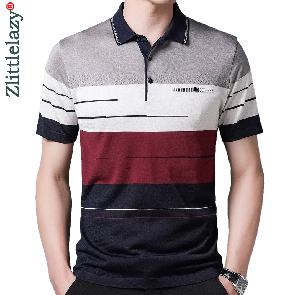 Zlittlelazy Short Sleeve Striped Polo Tee Shirt Men's