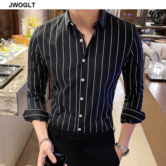 Korea Style Handsome Fashion Mens Shirts Button Down Slim Fit Long Sleeve Striped Shirts Asain Size