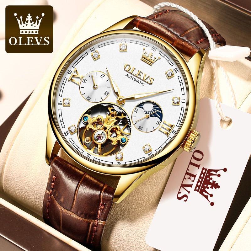 OLEVS  Classic Mens Mechanical Watches Automatic Watch Tourbillon Clock Genuine Leather Waterproof Military Wristwatch