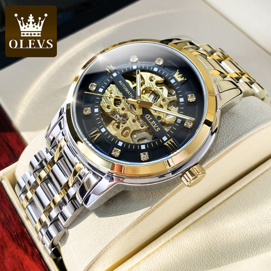 OLEVS Watch for Men Skeleton Luxury Waterproof Luminous Stainless Steel Automatic Mechanical Watch Male Wrist Watch reloj hombre