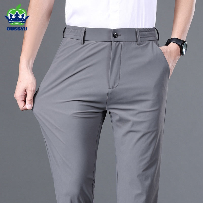 Summer Good Stretch Smooth Trousers Men Business Elastic Waist Korean Classic Thin Black Gray Blue Brand Casual Suit Pants Male